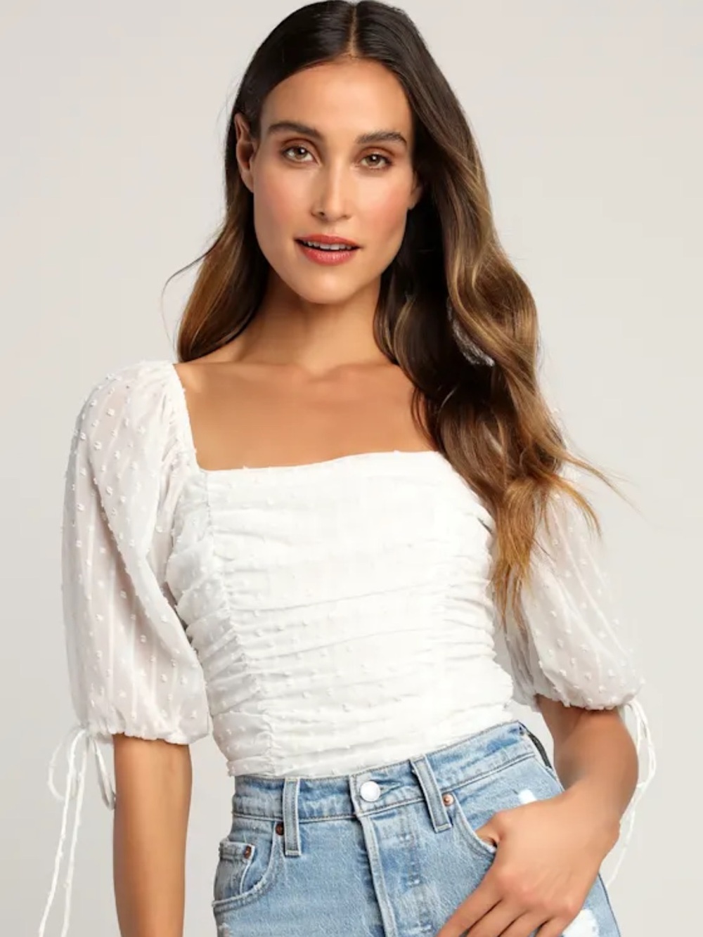 Lulu's White/Ivory Swiss Dot Ruched Square-Neck Puff Sleeve Bodysuit XS